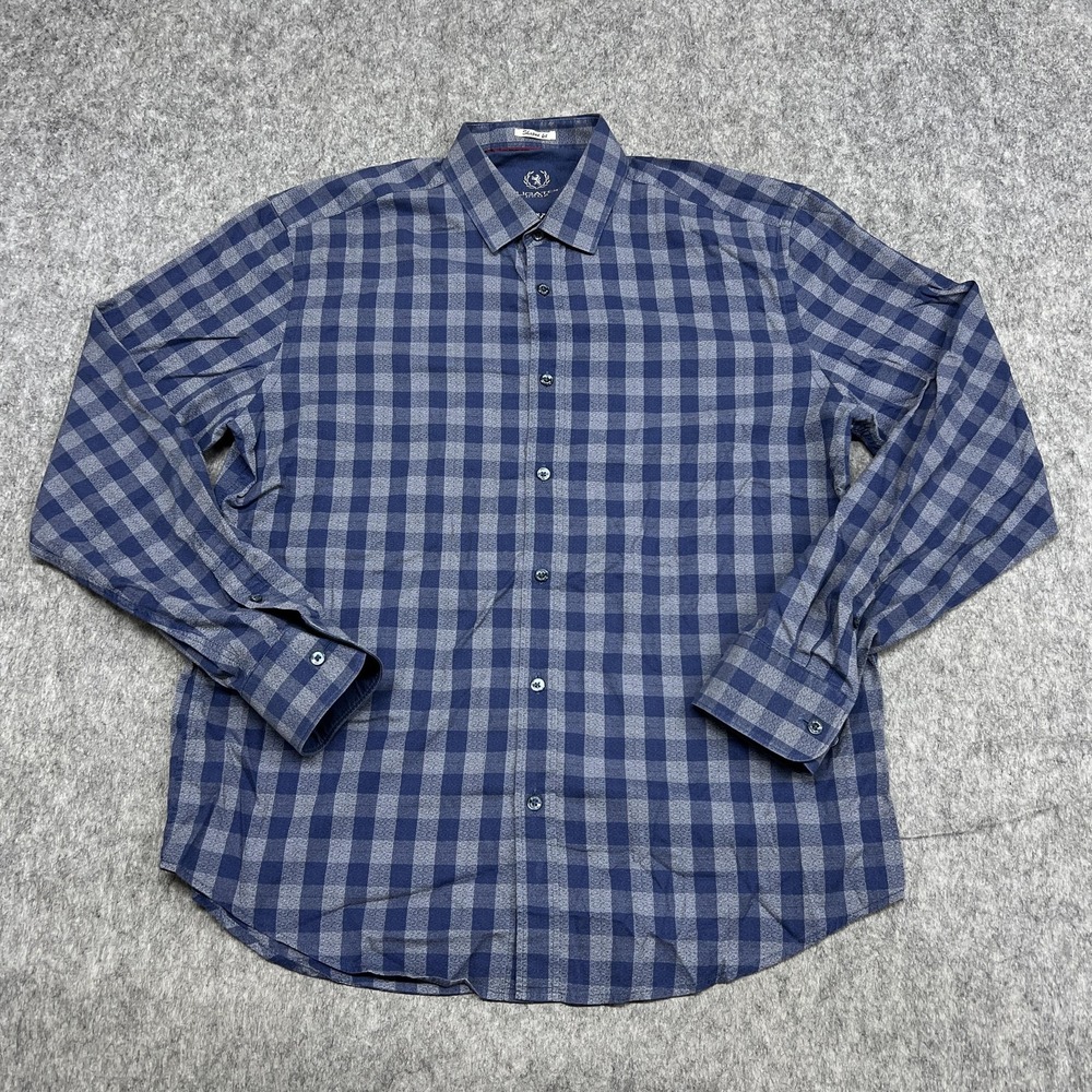 Bugatchi Uomo Shirt Mens Large Blue Gray Plaid Shaped Fit Button‎ Up Cotton